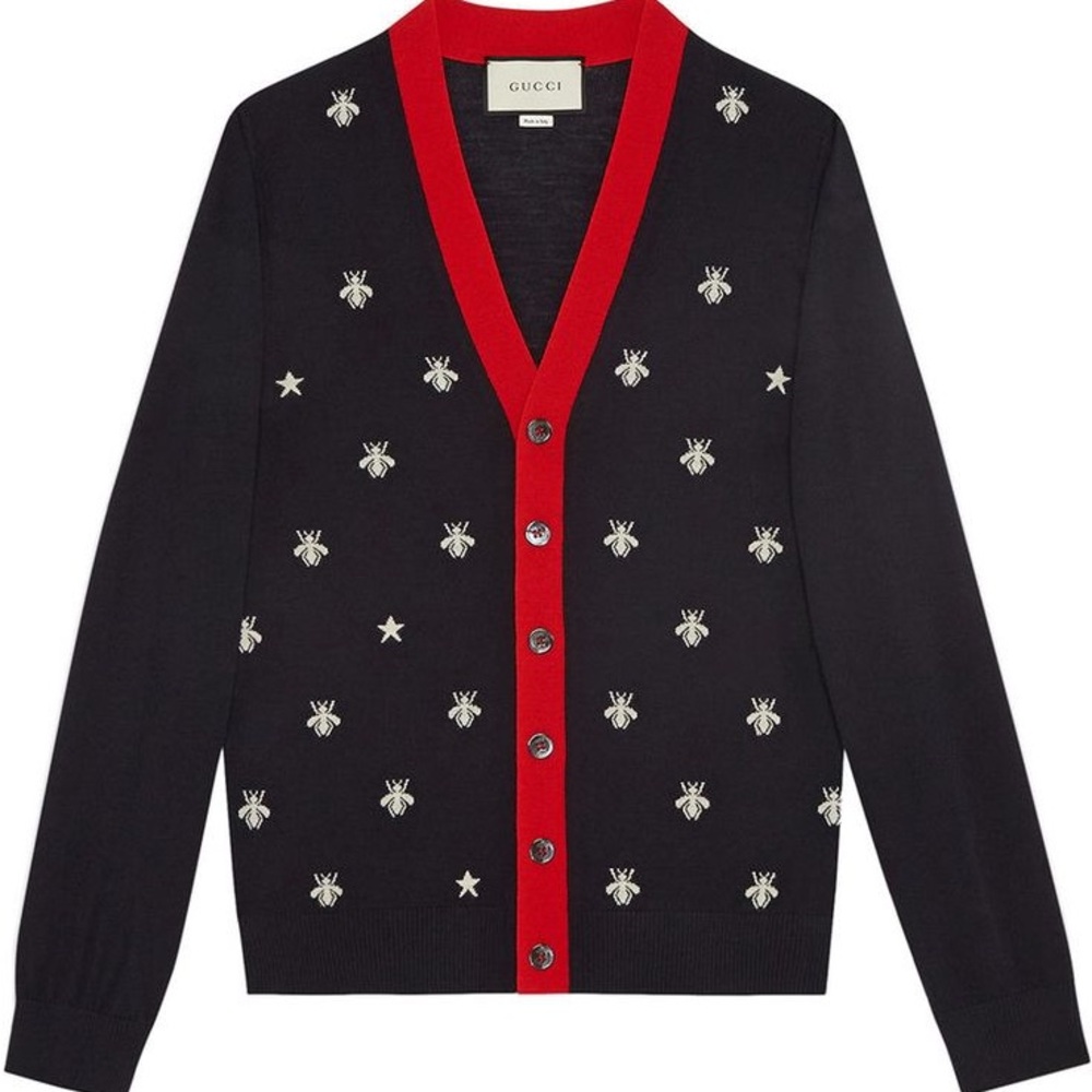 Gucci Wool Cardigan With Bees And Stars In Blue